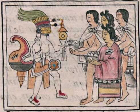 Florentino I 38r, Xiuhtecuhtli, Ixcozauhqui, Cuetzaltzin, Huehueteotl, Tota