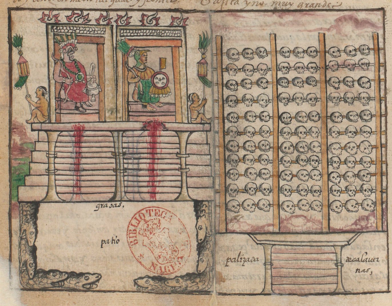 Durán II 232v, Tlaloc, Huitzilopochtli, Tzompanco, Teocalli