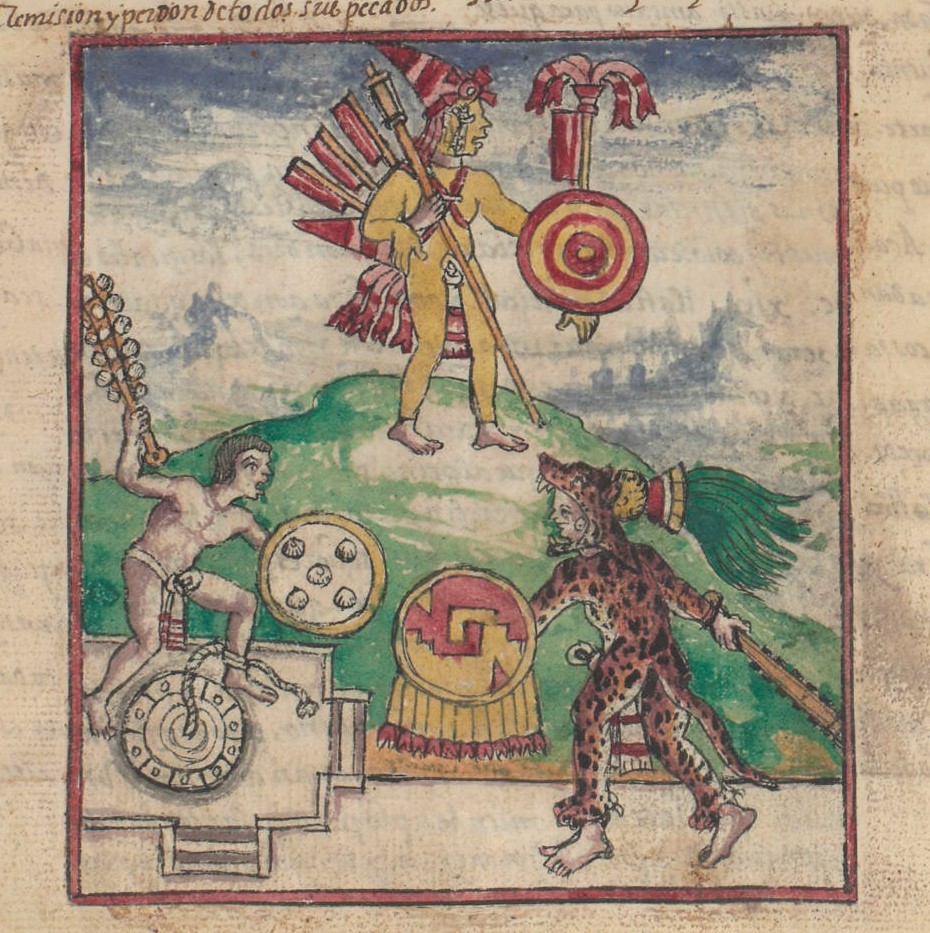 Durán II 266v, Tlacaxipehualiztli, Xipe-Totec, Temalacatl