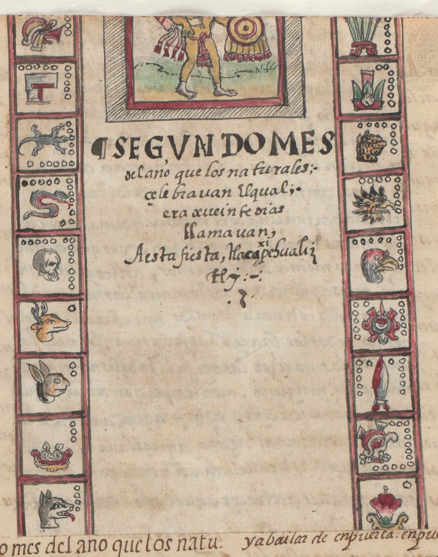 Durán III 327r, Tlacaxipehualiztli, 1-cipactli, 1-ehecatl, 1-calli, 1-cuetzpalin, 1-cohuatl, 1-miquiztli, 	1-mazatl, 	1-tochtli, 	1-atl, 	1-itzcuintli, 1-ozomatli, 	1-malinalli, 	1-acatl, 	1-ocelotl, 		1-cuauhtli, 	1-cozcacuauhtli 	, 	1-olin, 	1-tecpatl, 	1-quiy