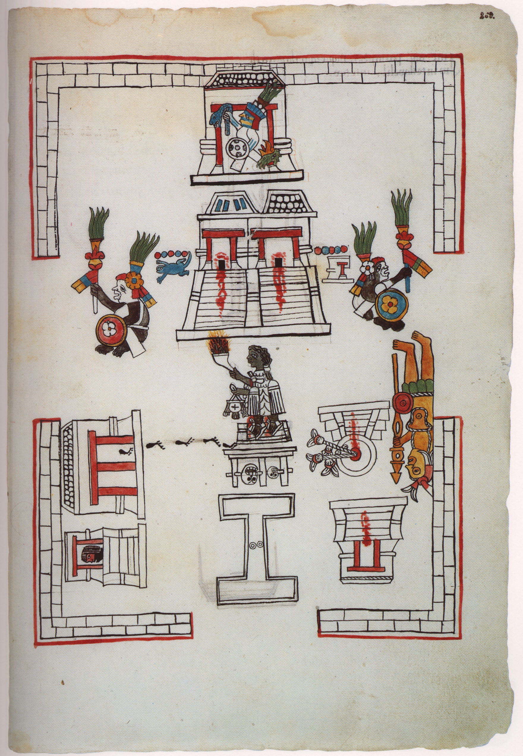 Matritense P I 269r, Huitzilopochtli, Xipe-Totec, Macuilxochitl, 5-cuetzpalin, 5-calli, Tlachco, Teopantli, Tzompanco, Temalacatl