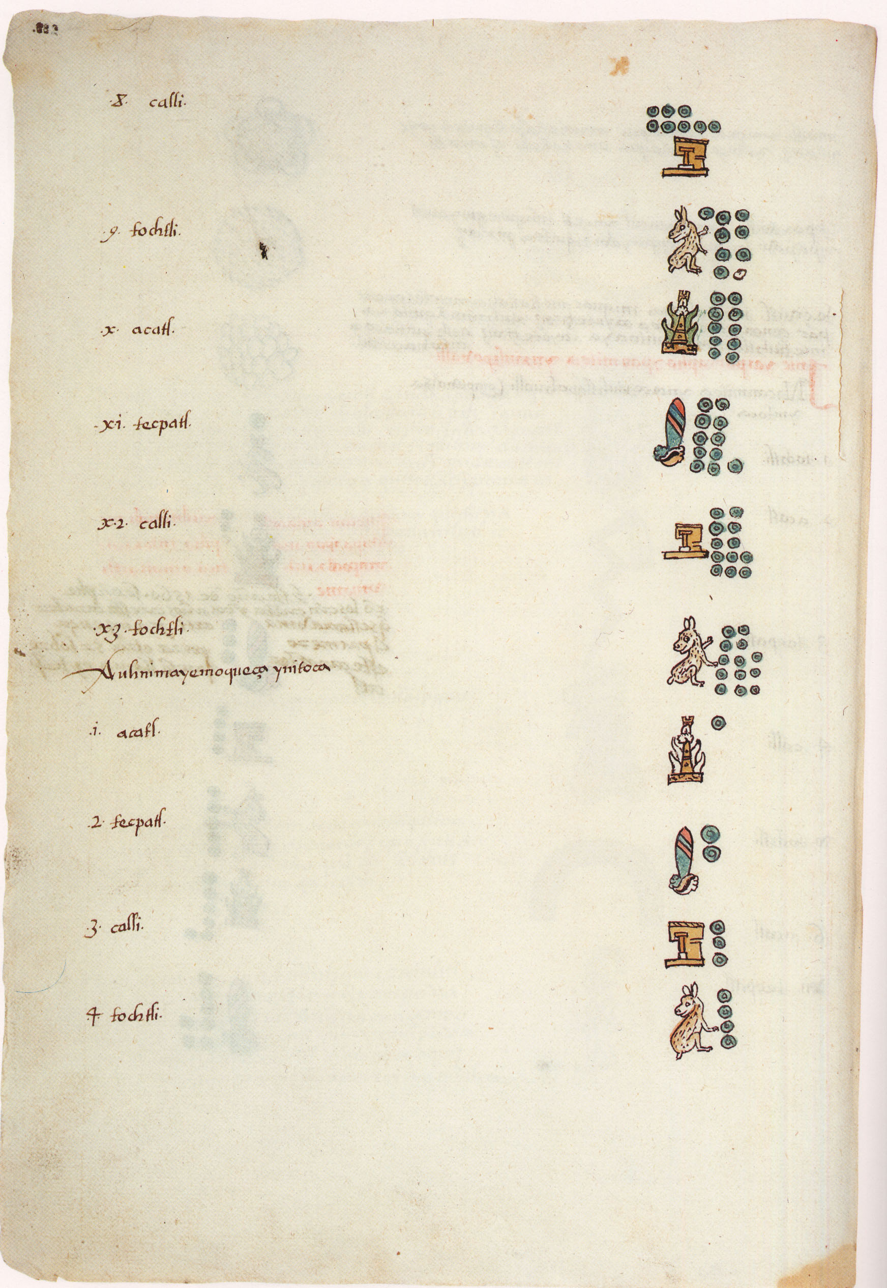 Matritense P I 283v, xiuhtlapohualli, 
8-calli, 
9-tochtli, 
10-acatl, 
11-tecpatl, 
12-calli, 
13-tochtli, 
1-acatl, 
2-tecpatl, 
3-calli, 
4-tochtli, 