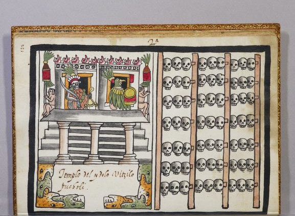 Tovar I 243r, Tlaloc, Huitzilopochtli, Tzompantli, Teocalli